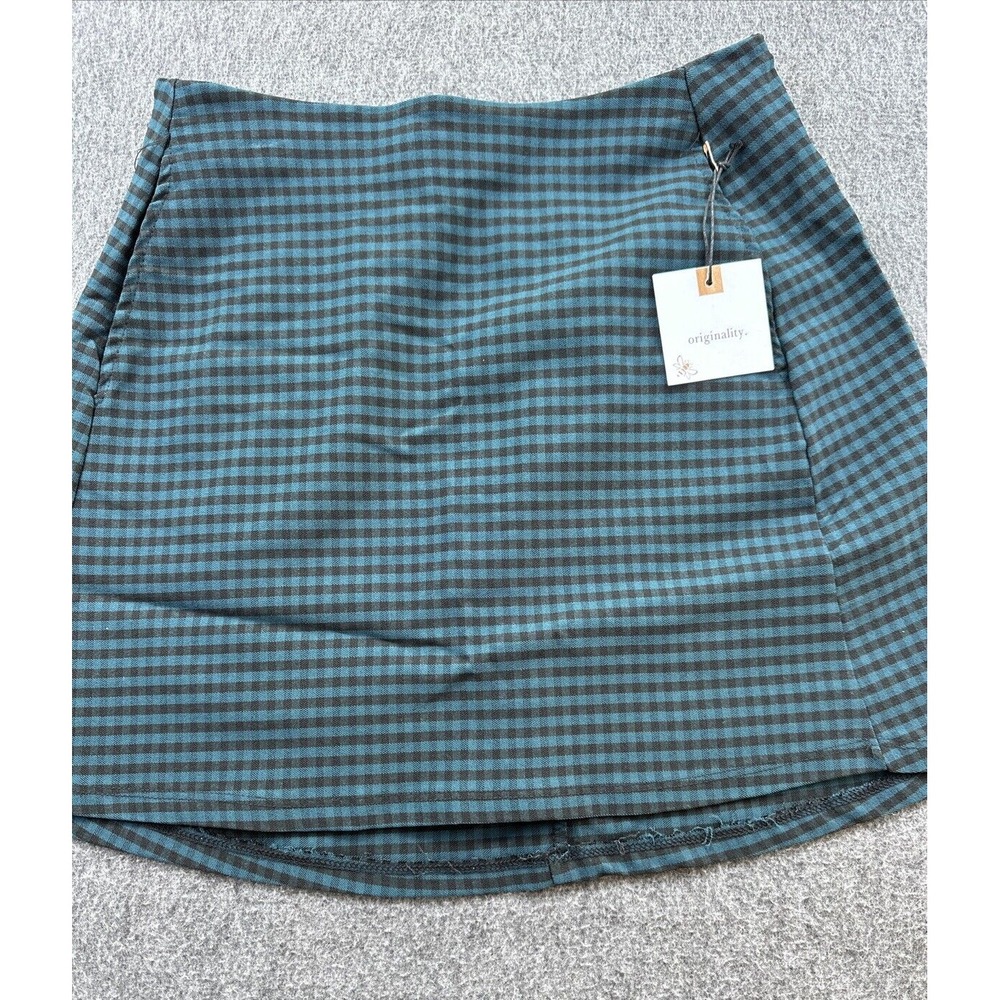 Originality Skirt Women Medium Teal Gingham Plaid Mini Pockets Academia Feminine